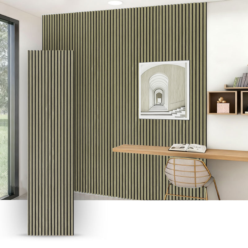 Gallervägg/akustisk väggpanel (3-sidig PVC-omslagna) – Tyg-Gin / Läder-Grain – 2400/2700 mm × 600 mm